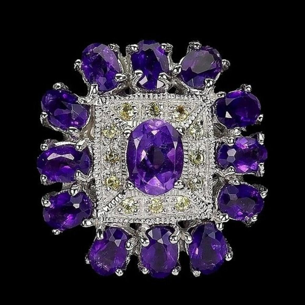 Natural Purple Amethyst 8x6mm, Sapphire 925 Sterling Silver‎ Ring Size 7.75